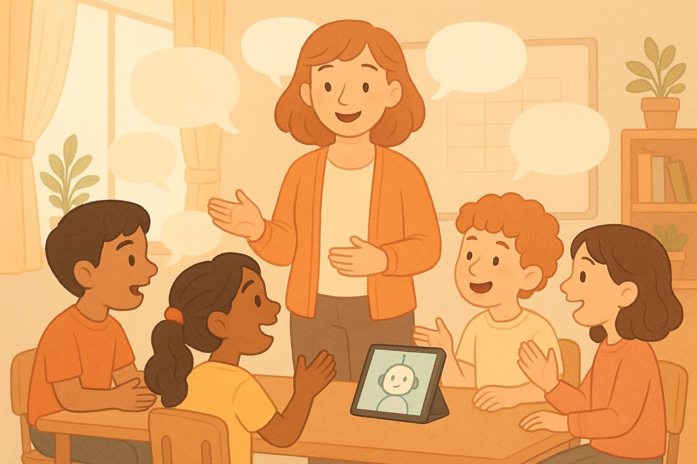 Warm illustration of a teacher and students using AI-guided speaking practice in a foreign language classroom