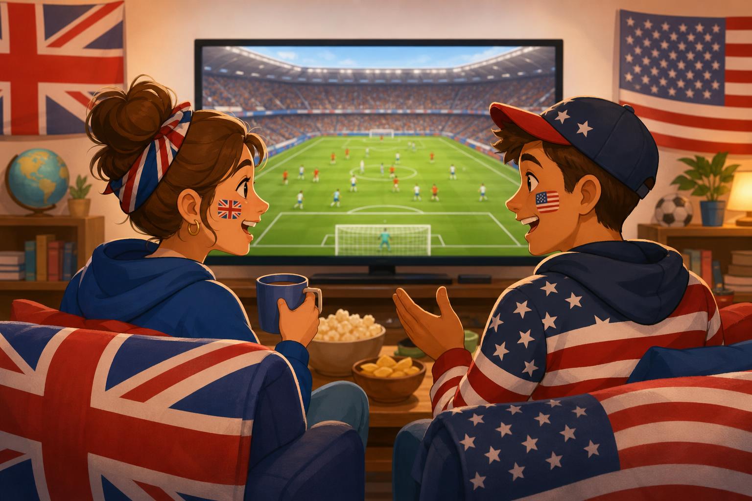 Cartoon illustration of two fans watching a soccer match with British and American cues
