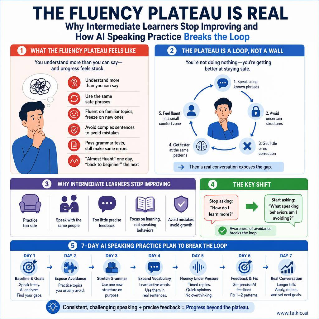 The Fluency Plateau Is Real: Why Intermediate Learners Stop Improving and How AI Speaking Practice Breaks the Loop — visual framework