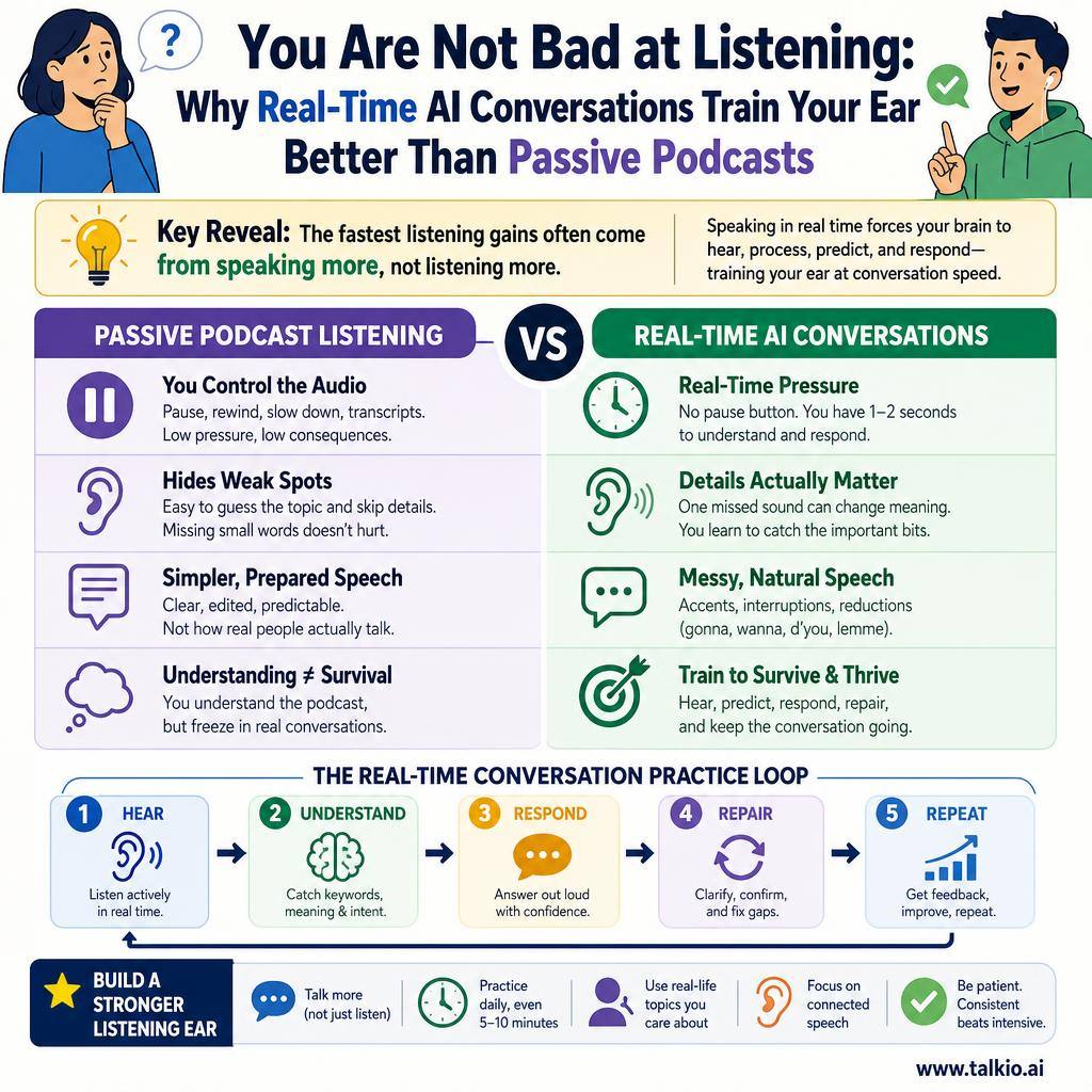 You Are Not Bad at Listening: Why Real-Time AI Conversations Train Your Ear Better Than Passive Podcasts — visual framework