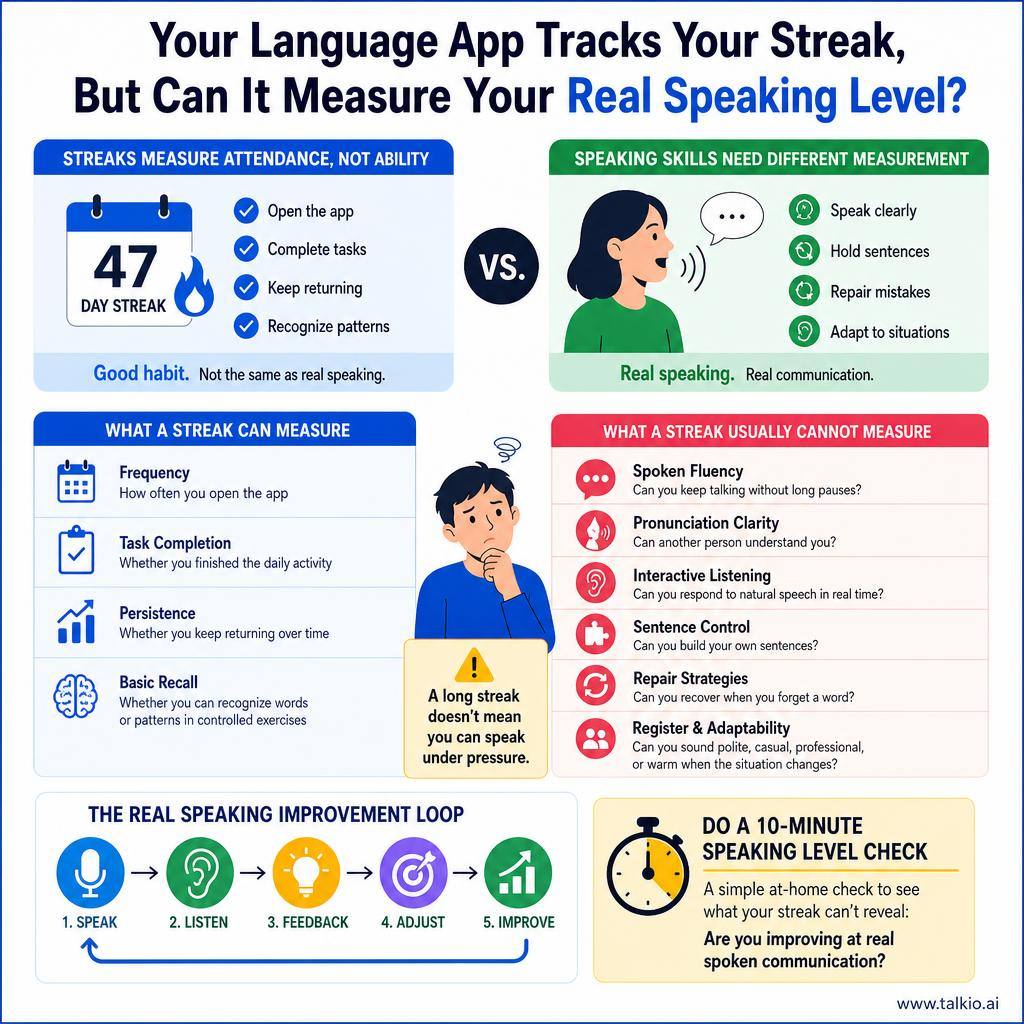 Your Language App Tracks Your Streak, But Can It Measure Your Real Speaking Level? — visual framework
