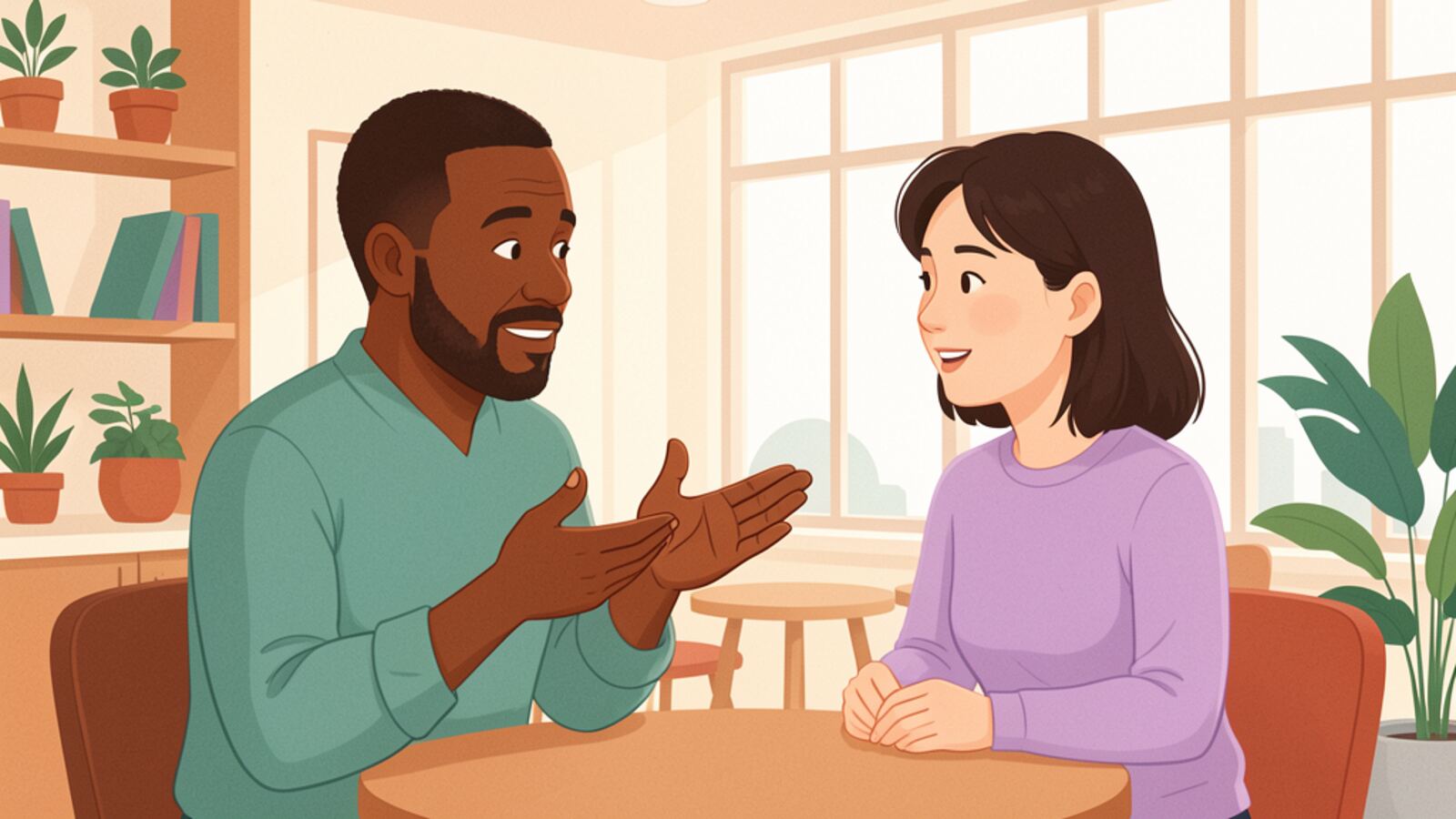A learner asks a colleague to clarify a point during a workplace conversation