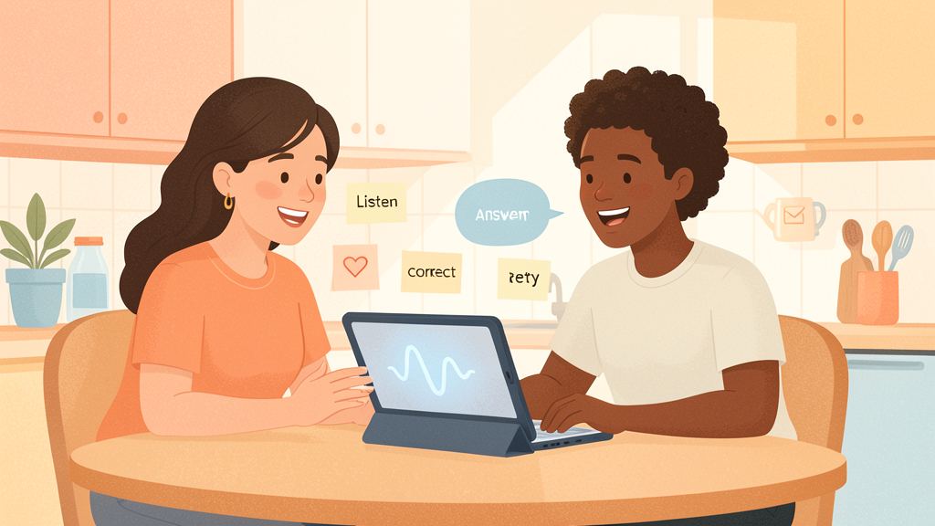 Warm illustration of a language learner practicing a speaking loop with an AI tutor