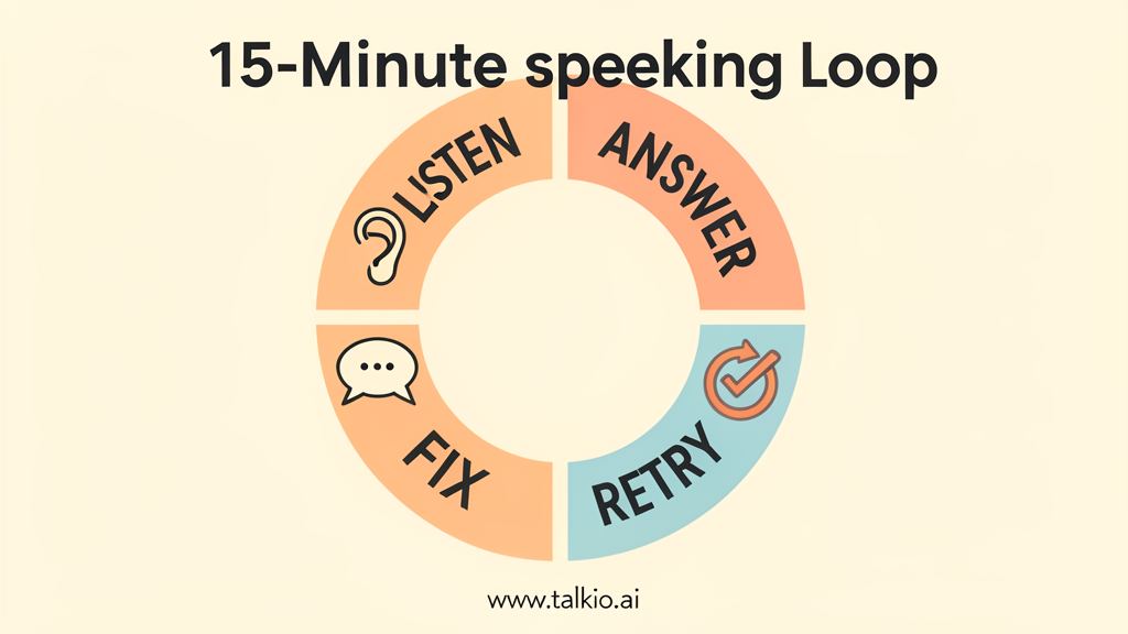 The 15-minute speaking loop infographic: listen, answer, fix, retry