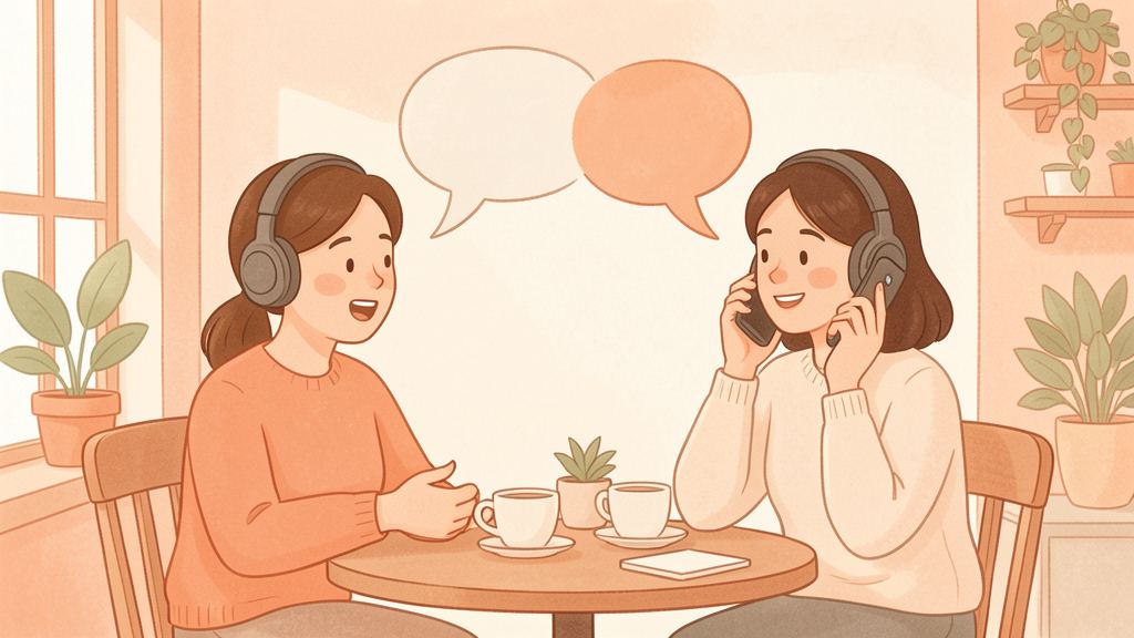 Adult learners practicing speaking and listening in a warm cafe scene