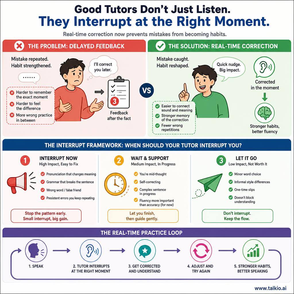 Why Your AI Language Tutor Should Interrupt You More: The Case for Real-Time Correction in Speaking Practice — visual framework