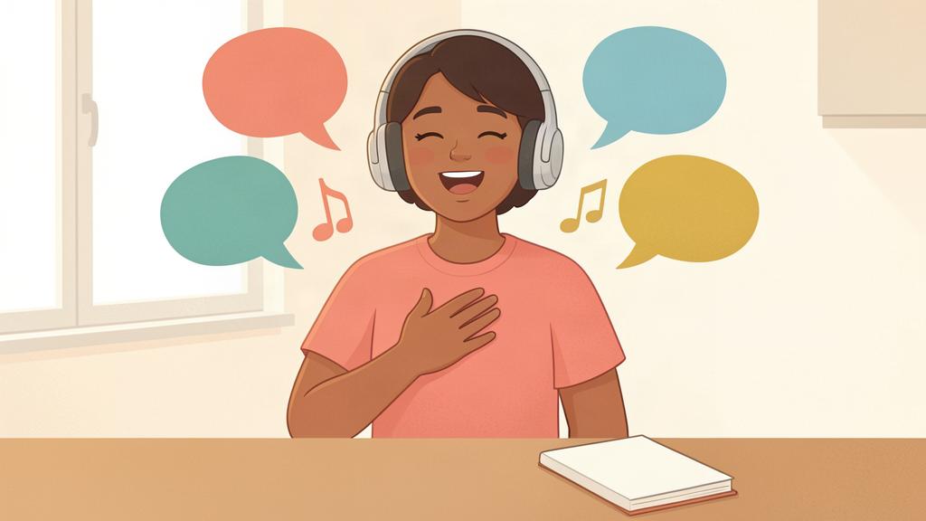 Adult language learner singing a practice phrase with headphones
