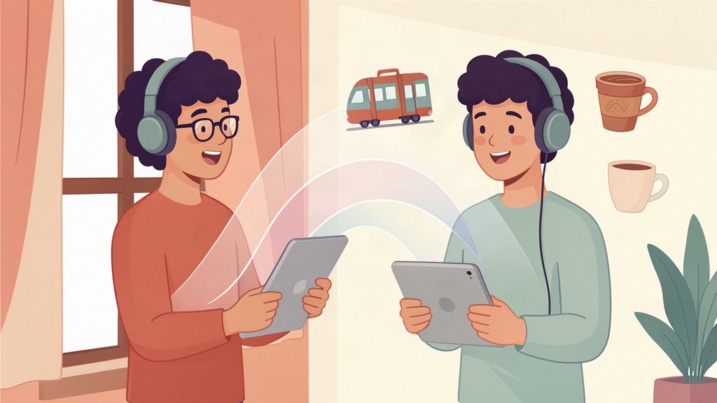 A language learner retells a travel story and listens to an AI conversation partner.