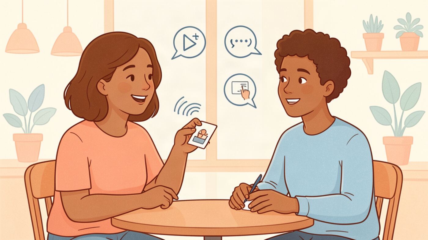 Two adults practising a second language conversation and noting one useful correction