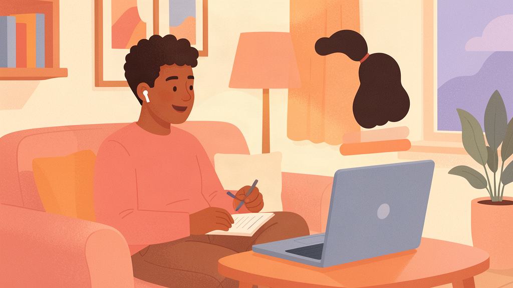 A language learner actively listening to a foreign-language video.