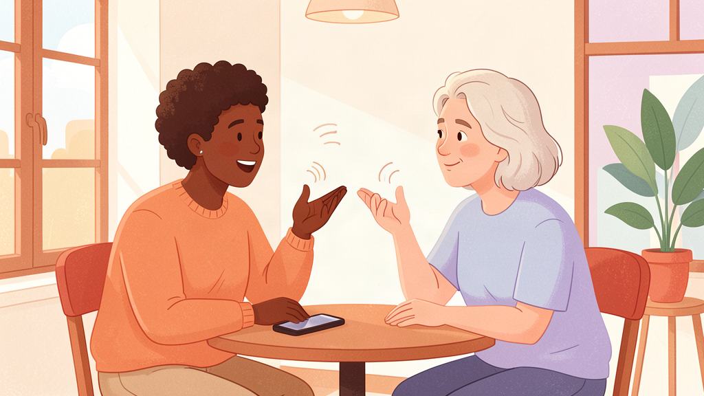 Two adult language learners practicing a conversation after a listening exercise